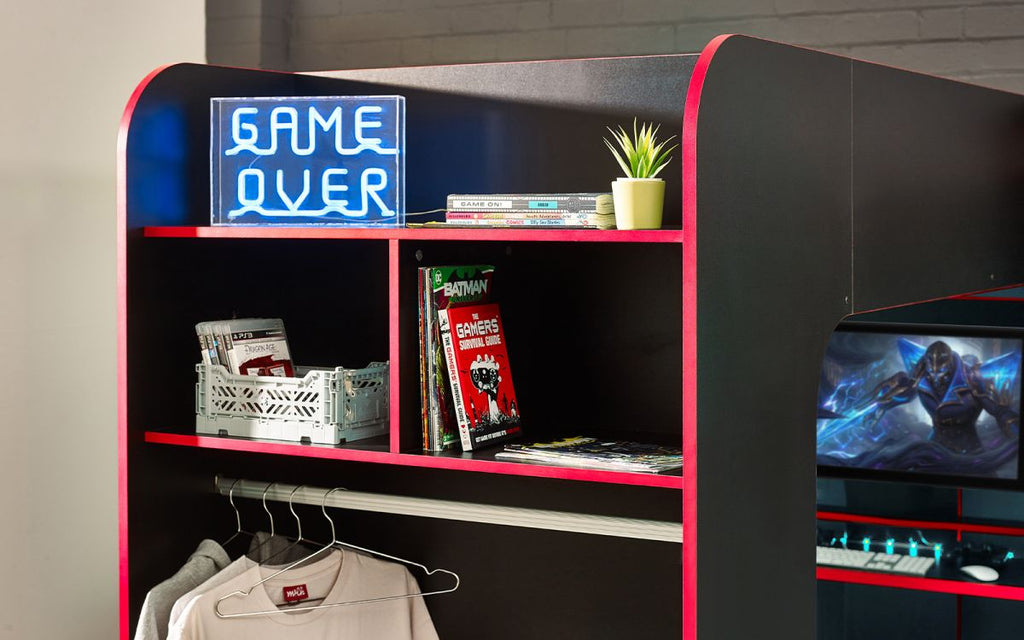 Black/Red Gaming Loft Bed with Desk for 1