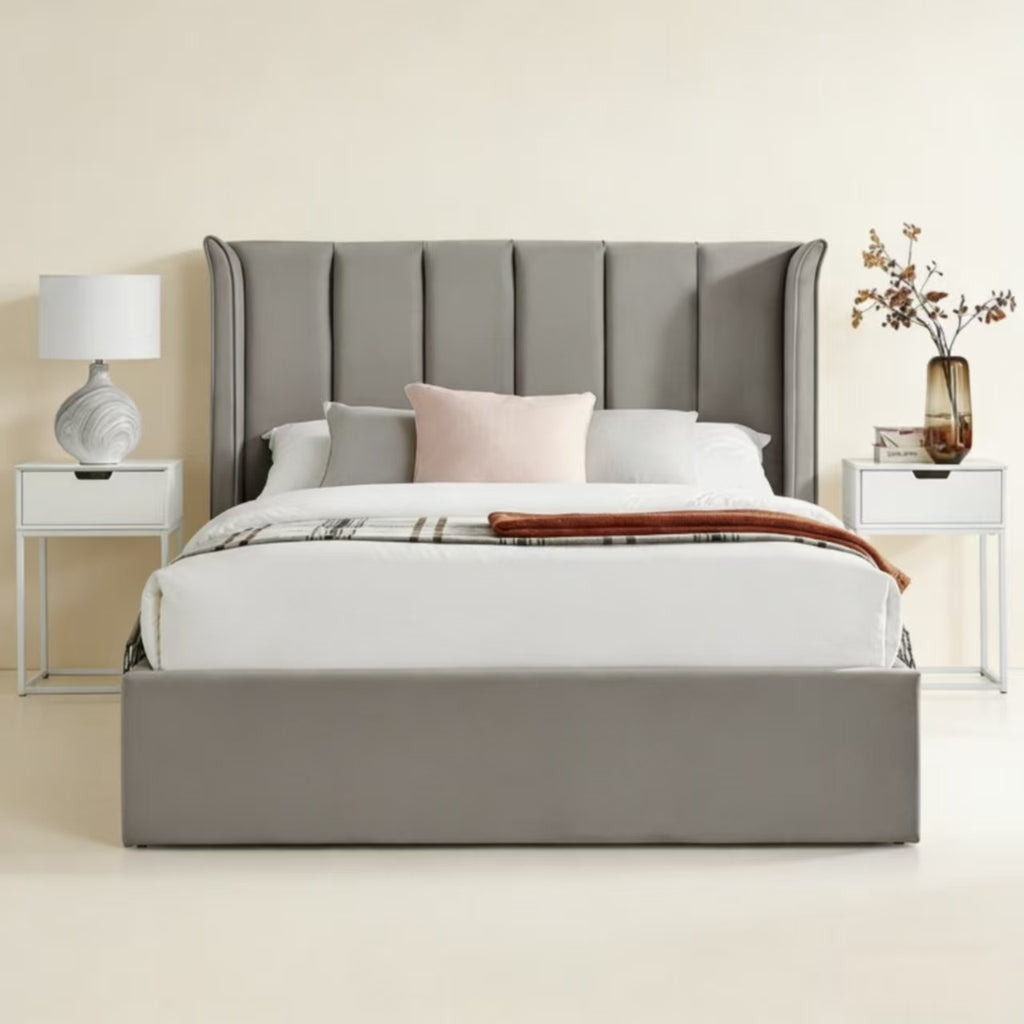 Silver Velvet Ottoman Storage Bed - Double
