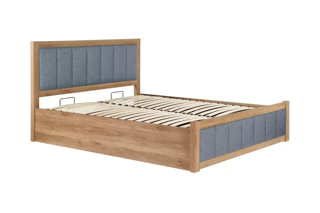 Ottoman Storage Bed Frame - Oak Effect with Grey Fabric
