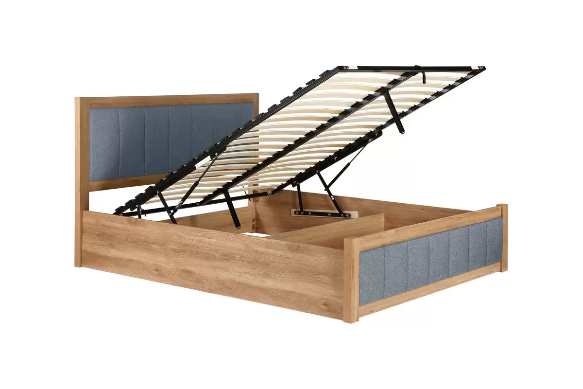 Ottoman Storage Bed Frame - Oak Effect with Grey Fabric