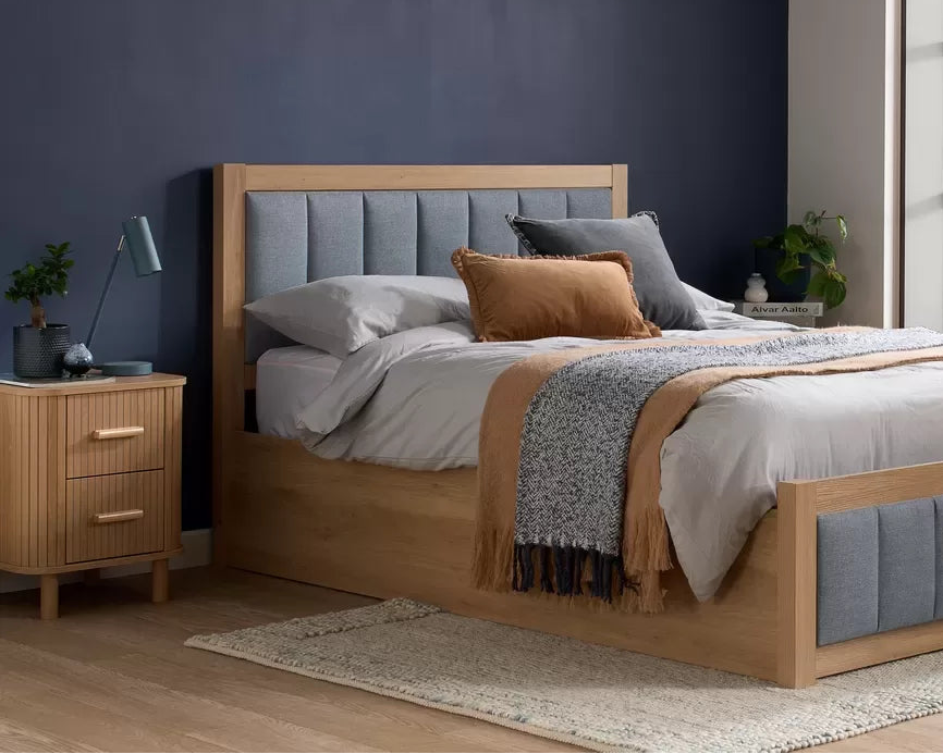 Ottoman Storage Bed Frame - Oak Effect with Grey Fabric