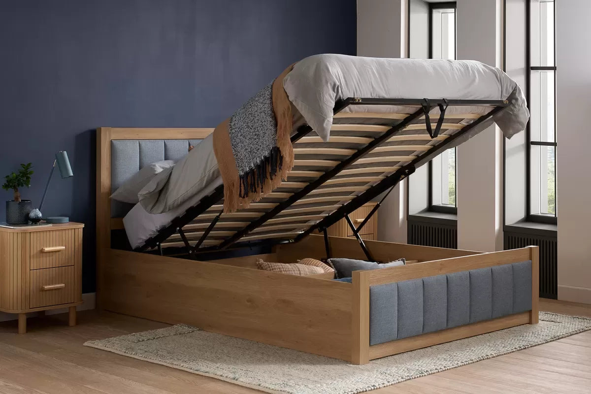 Ottoman Storage Bed Frame - Oak Effect with Grey Fabric