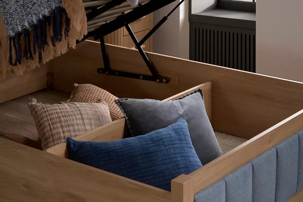 Ottoman Storage Bed Frame - Oak Effect with Grey Fabric