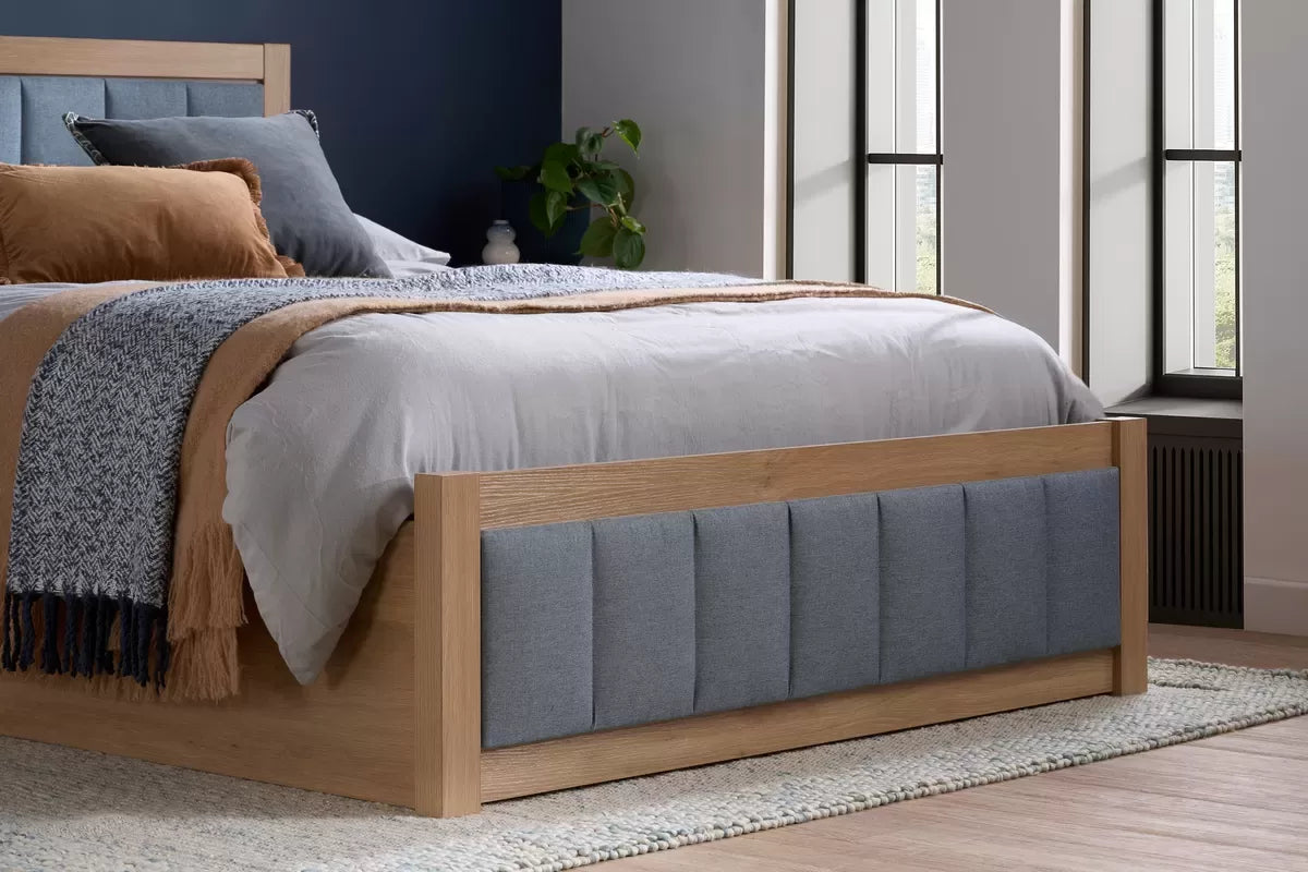 Ottoman Storage Bed Frame - Oak Effect with Grey Fabric