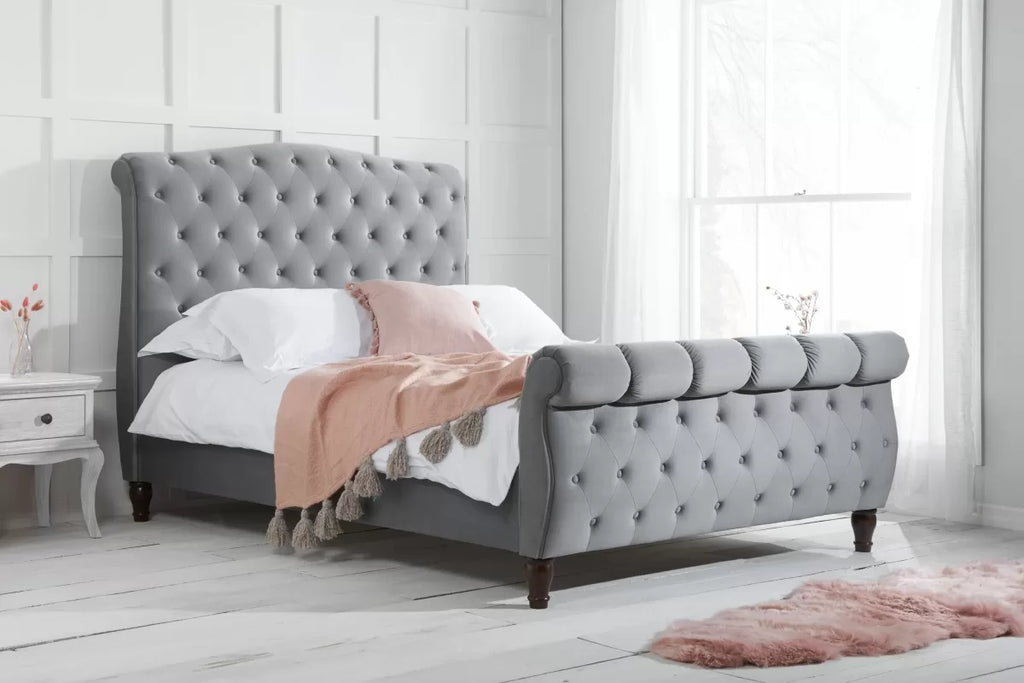 Grey Velvet Sleigh Bed with Buttoned Headboard - Double/King