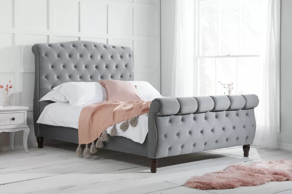 Grey Velvet Sleigh Bed with Buttoned Headboard - Double/King