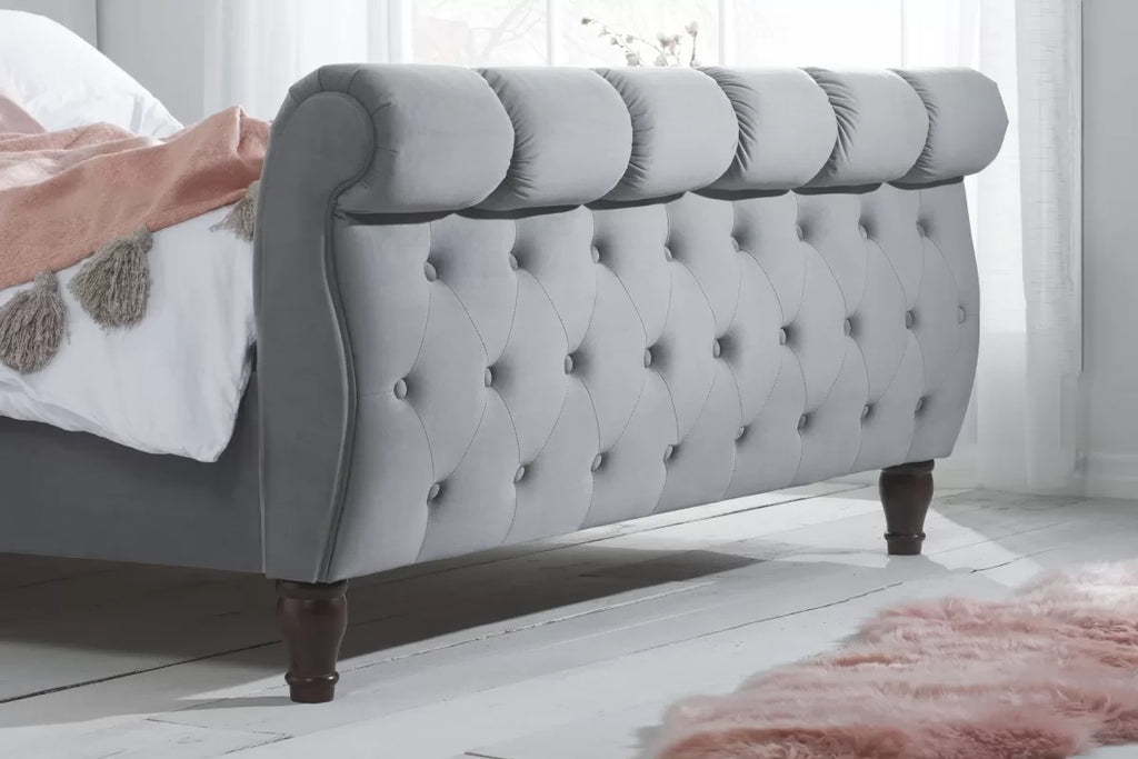 Grey Velvet Sleigh Bed with Buttoned Headboard - Double/King