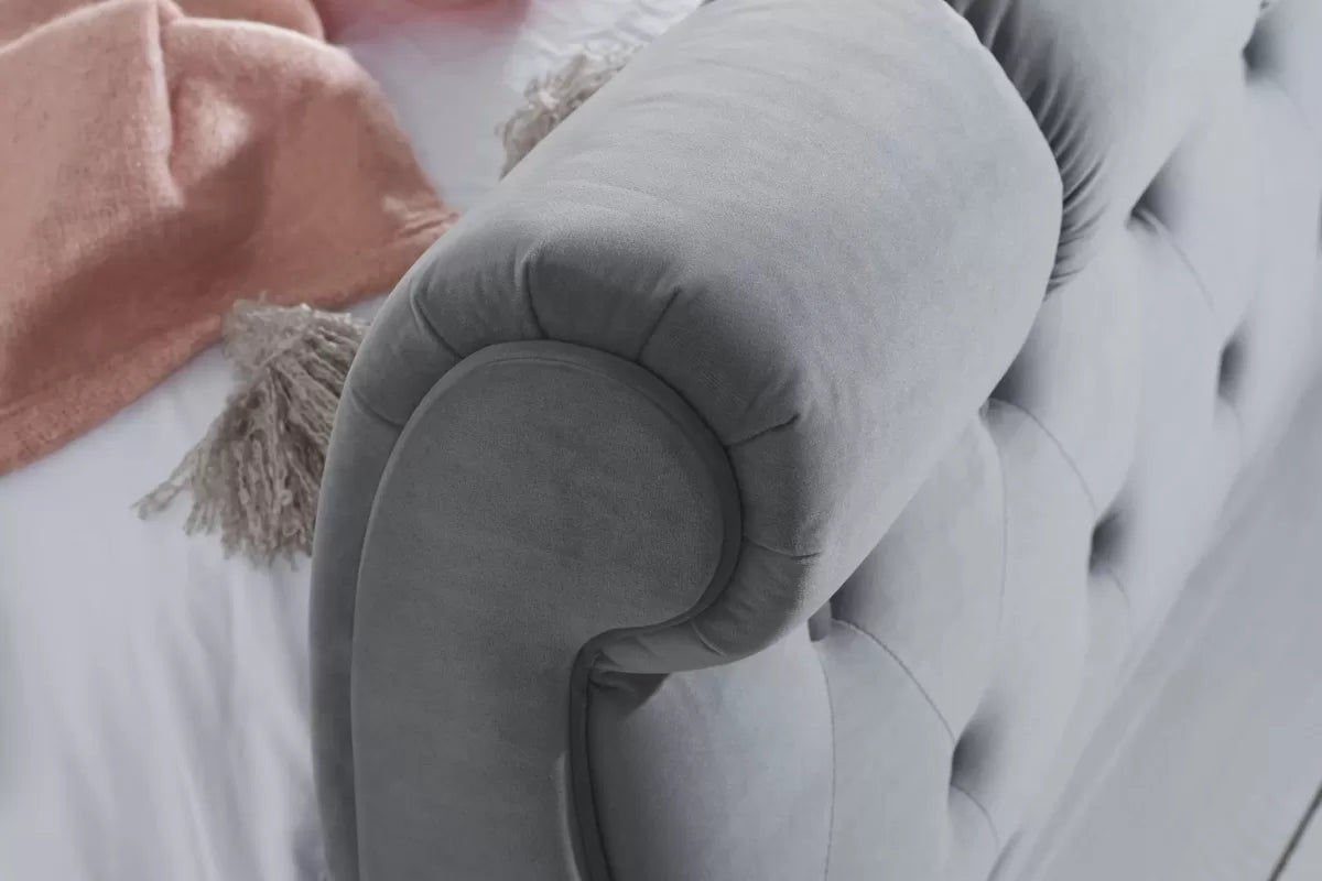 Grey Velvet Sleigh Bed with Buttoned Headboard - Double/King