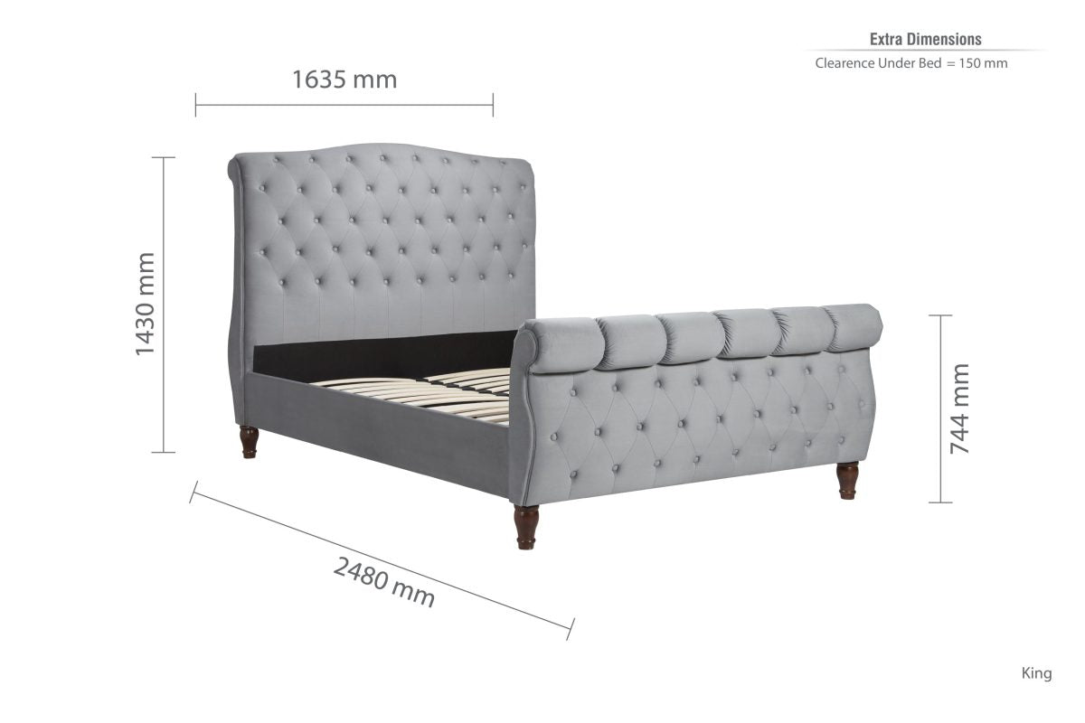 Grey Velvet Sleigh Bed with Buttoned Headboard - Double/King