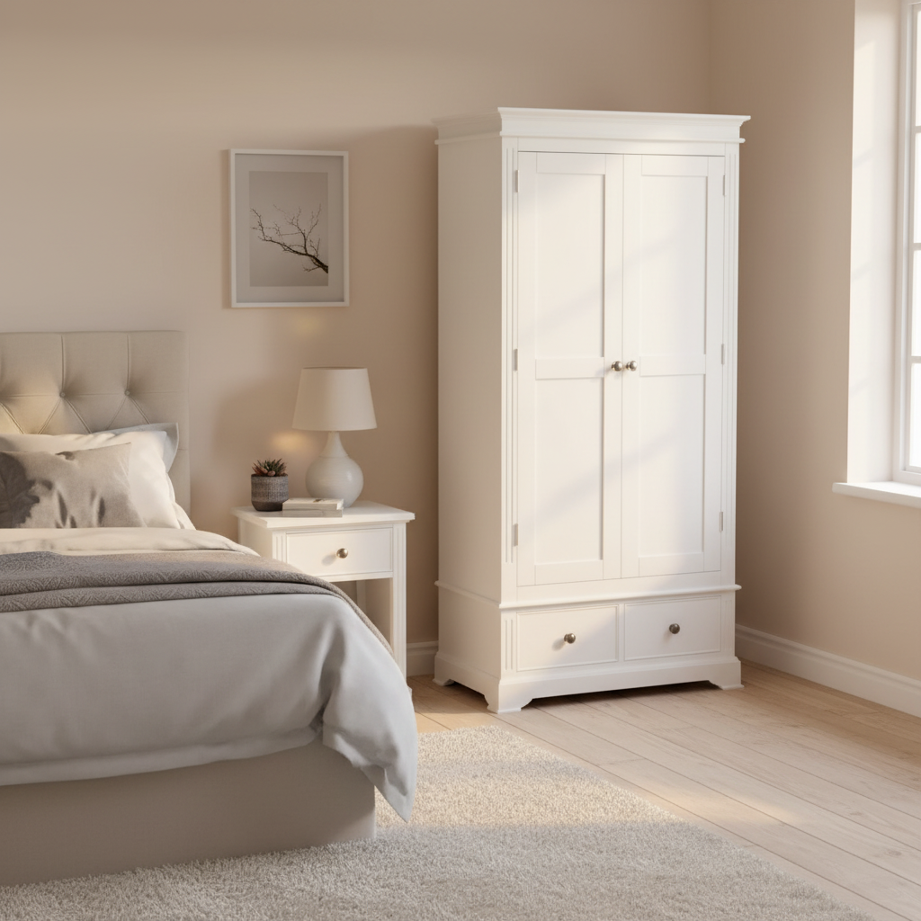 2 Drawer Wardrobe - White with Pewter Handles