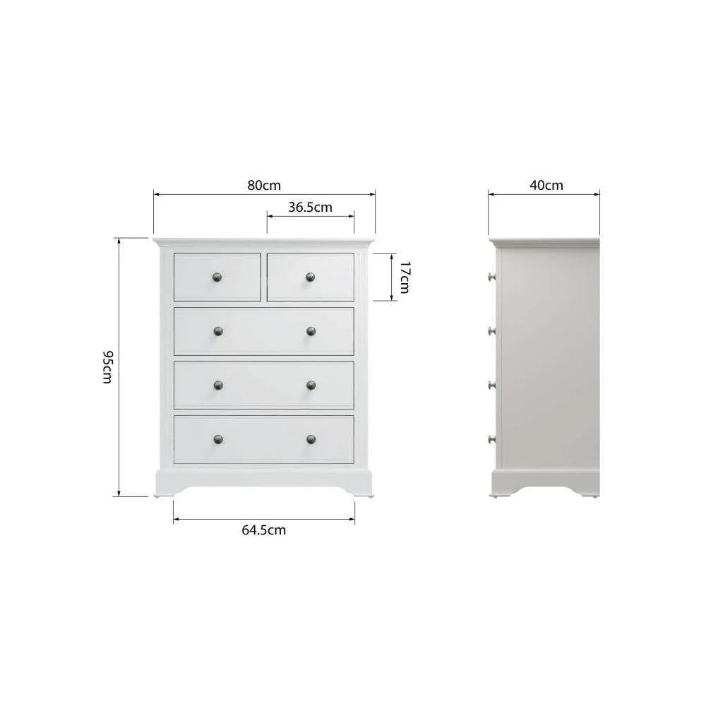 5 Drawer Chest - White with Pewter Handles