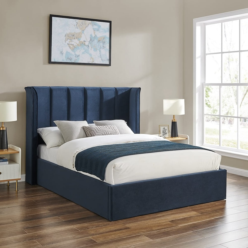 Navy Velvet Ottoman Storage Bed - Double