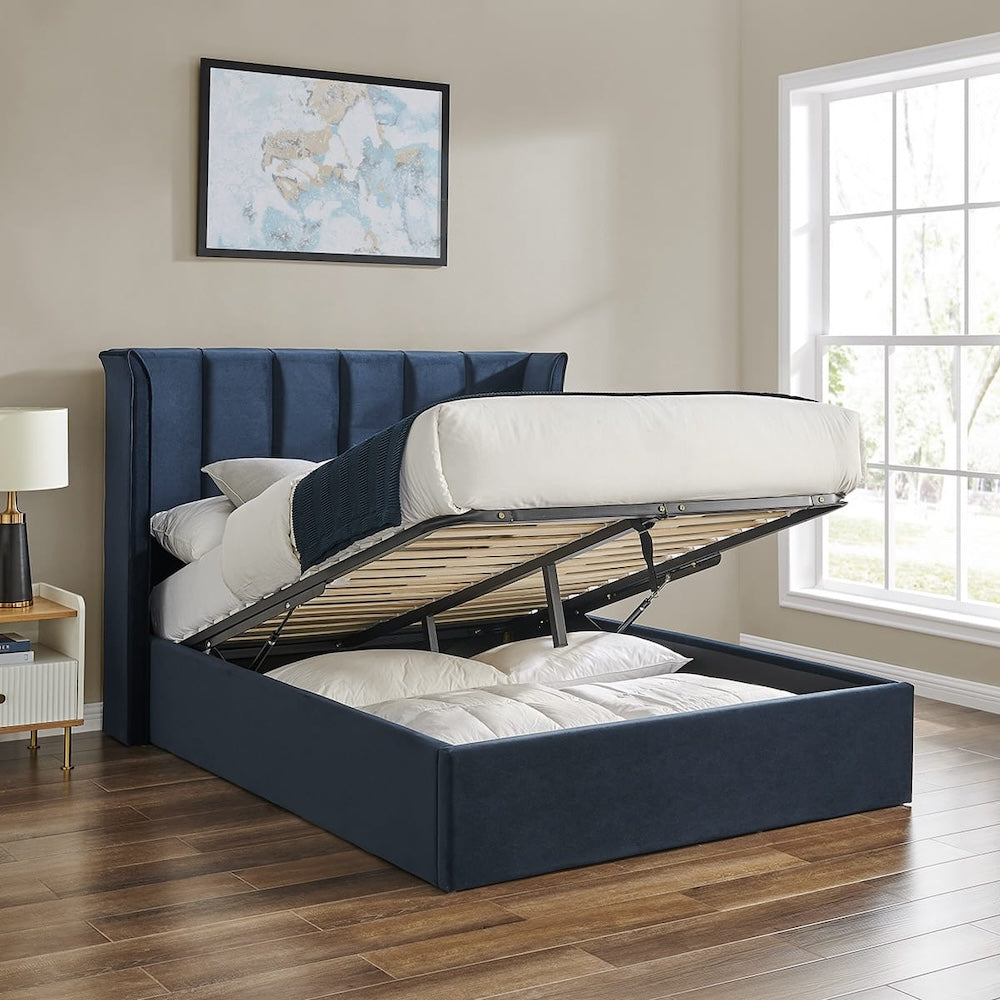 Navy Velvet Ottoman Storage Bed - Double