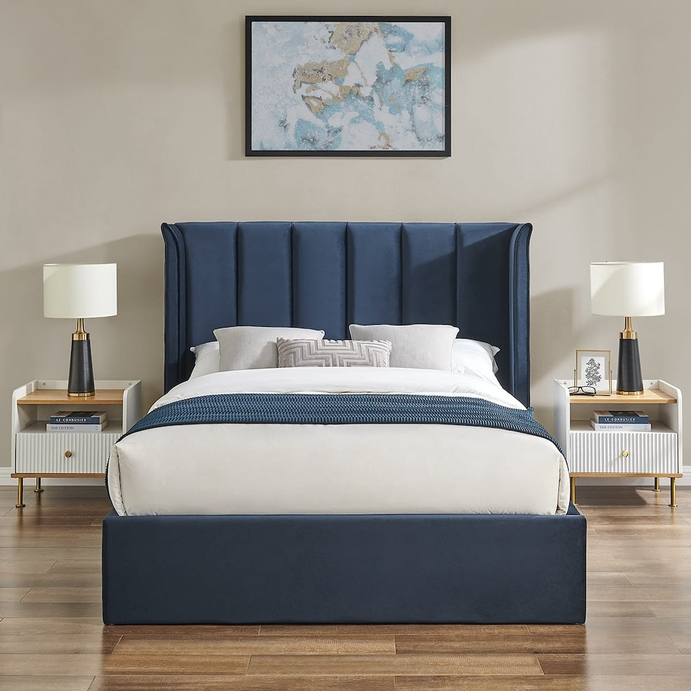 Navy Velvet Ottoman Storage Bed - Double