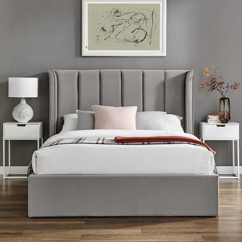 Silver Velvet Ottoman Storage Bed - Double