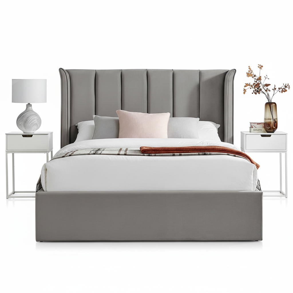 Silver Velvet Ottoman Storage Bed - Double