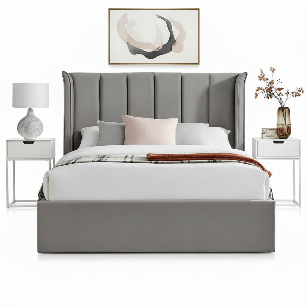 Silver Velvet Ottoman Storage Bed - Double