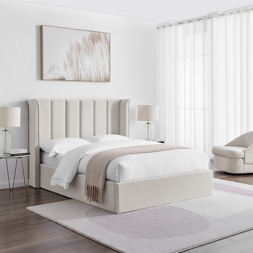 Natural Velvet Ottoman Storage Bed - Double