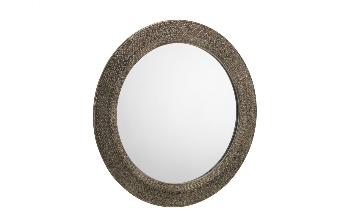 Pewter Round Wall Mirror with Intricate Design - 80cm