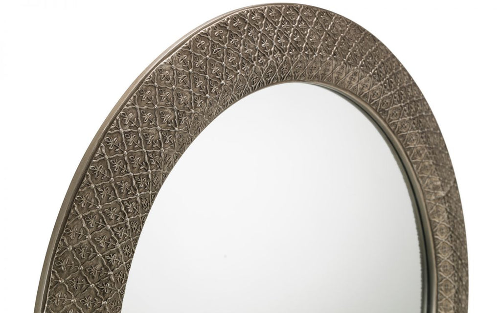 Pewter Round Wall Mirror with Intricate Design - 80cm