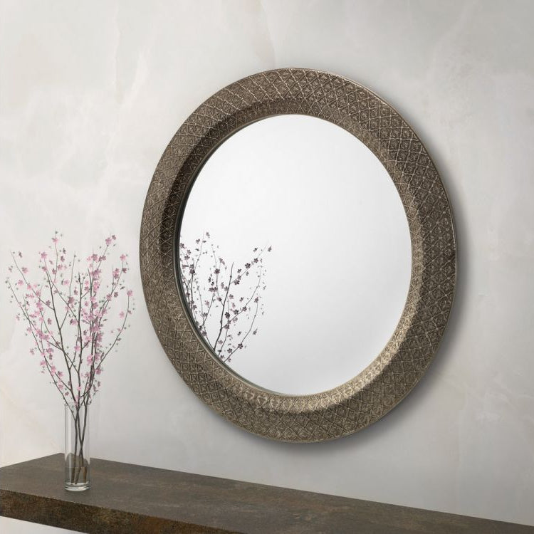 Pewter Round Wall Mirror with Intricate Design - 80cm