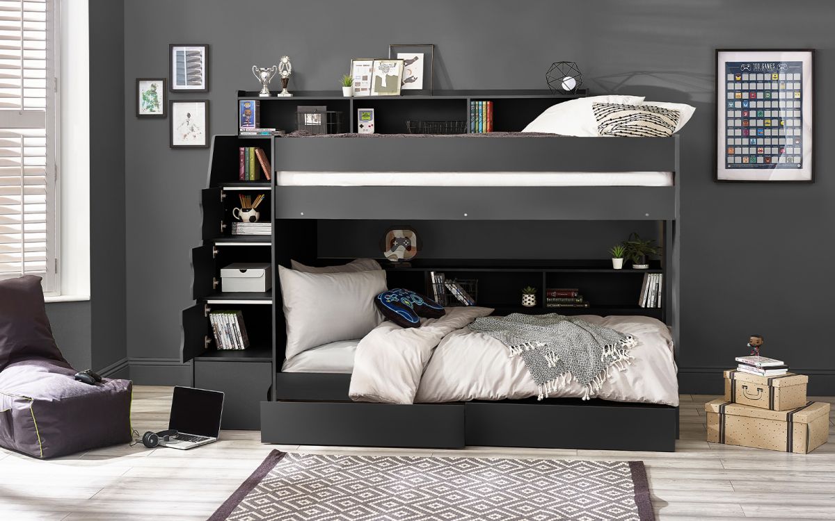 Anthracite Staircase Bunk Bed with Storage for 2