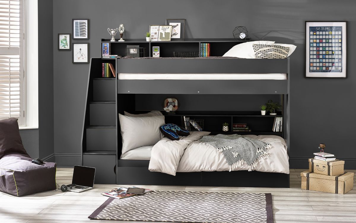 Anthracite Staircase Bunk Bed with Storage for 2