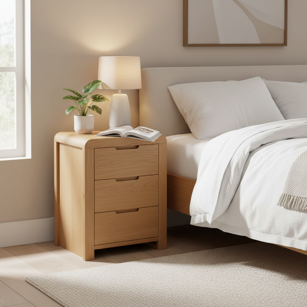 Natural Oak 3-Drawer Bedside with Curved Edging