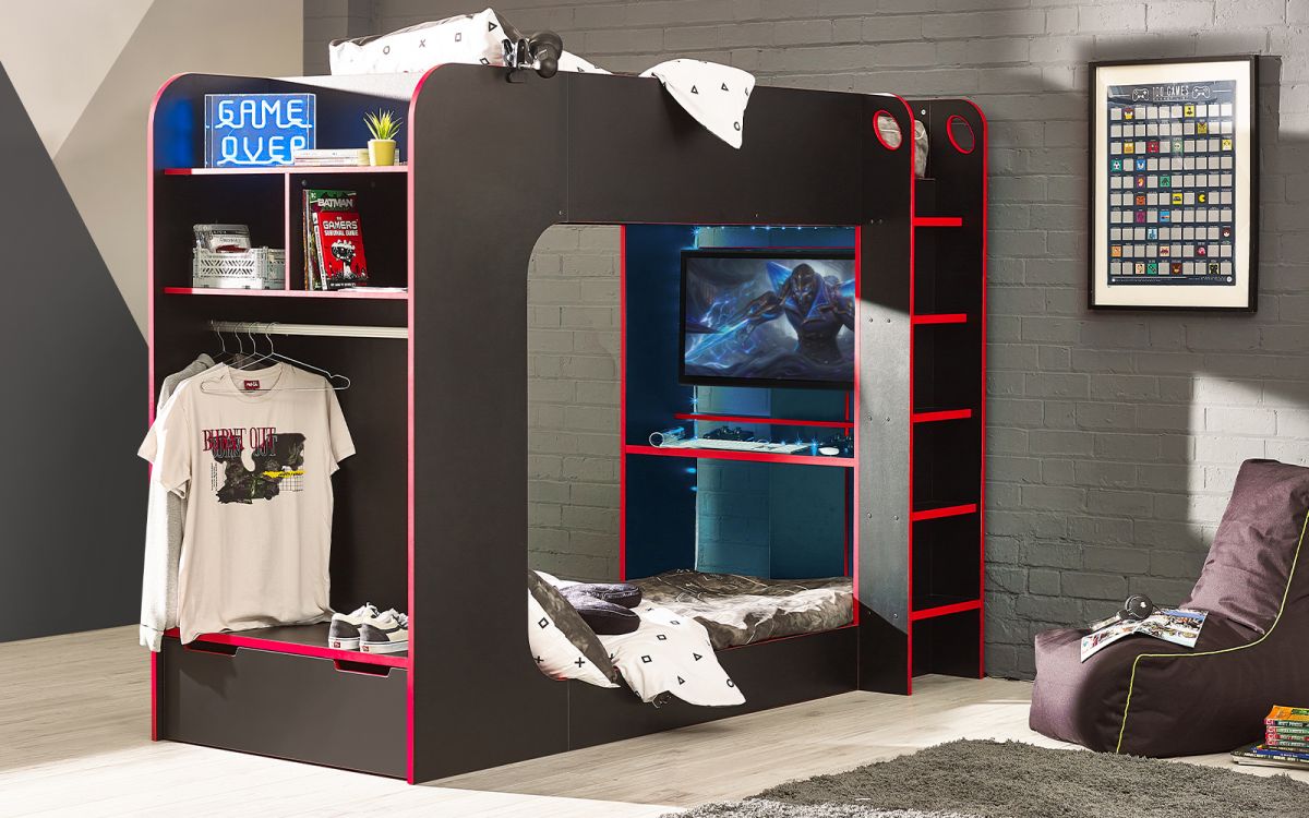 Black/Red Gaming Loft Bed with Desk for 1