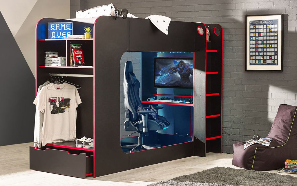 Black/Red Gaming Loft Bed with Desk for 1