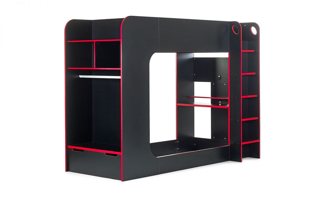 Black/Red Gaming Loft Bed with Desk for 1