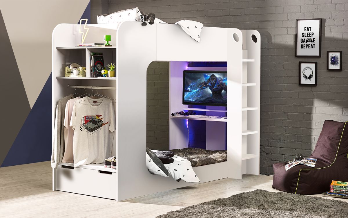 White Gaming Loft Bed with Desk and Storage - Single