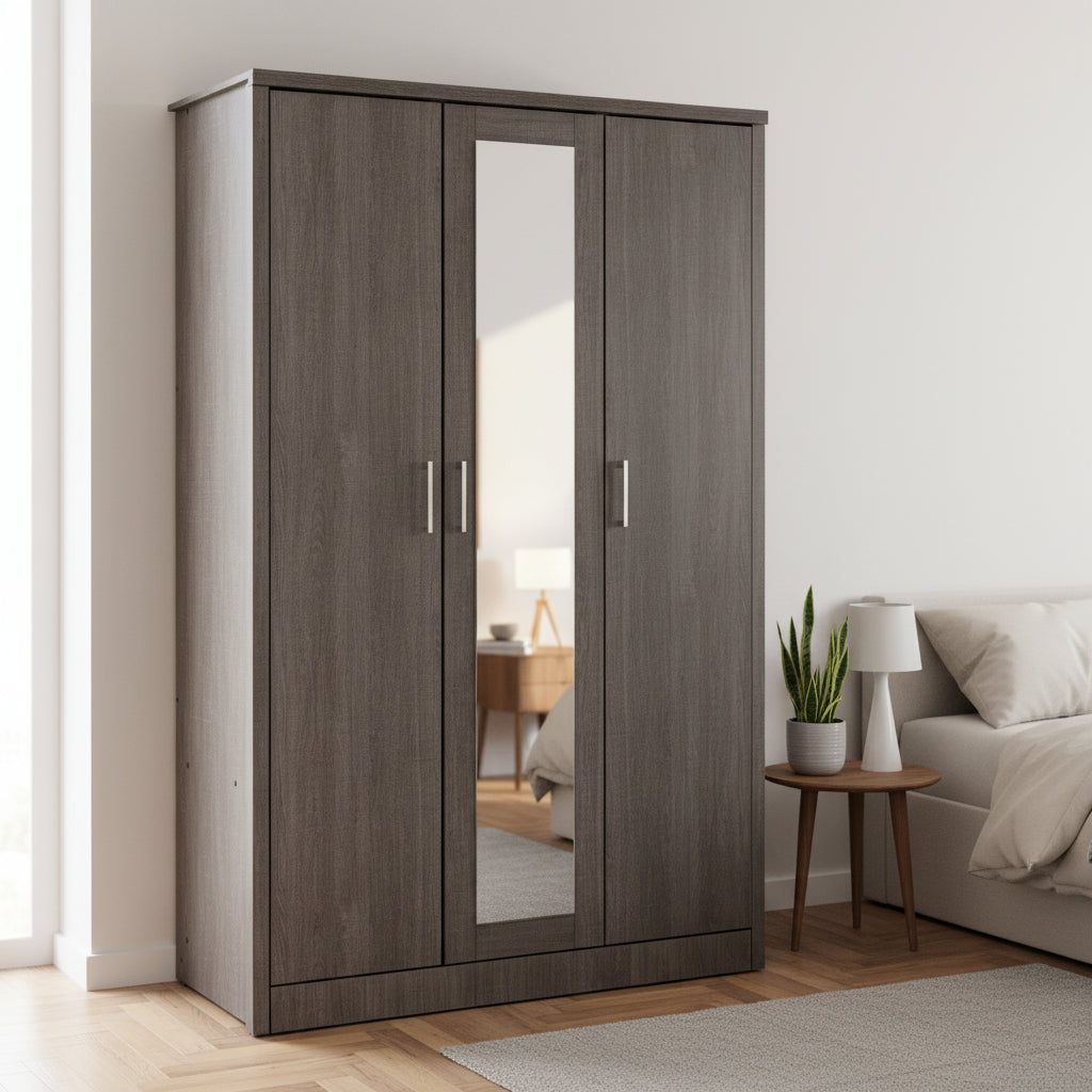 Black Wood Grain 3-Door Wardrobe with Mirror