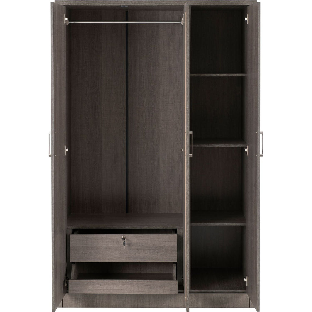Black Wood Grain 3-Door Wardrobe with Mirror