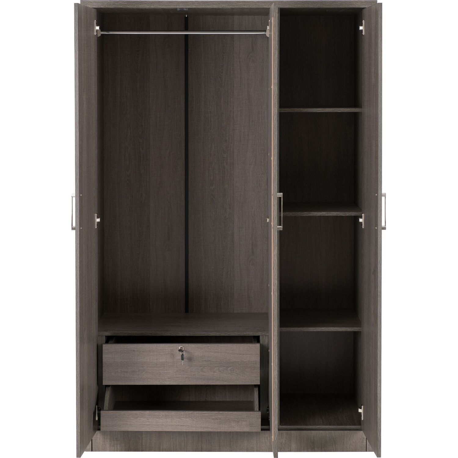 Black Wood Grain 3-Door Wardrobe with Mirror