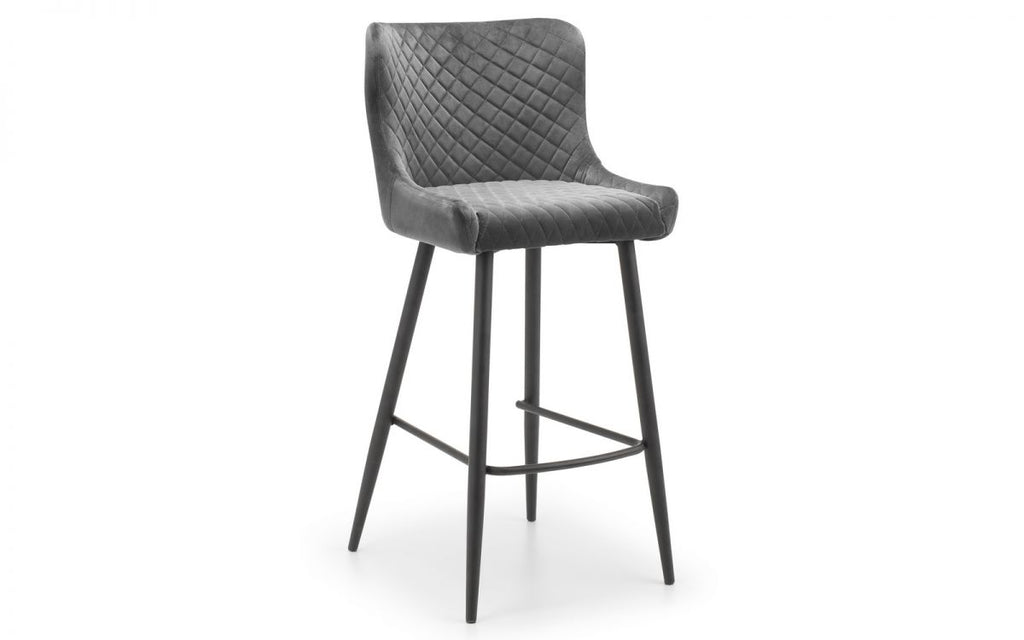 Grey Velvet Bar Stool with Quilted Stitching
