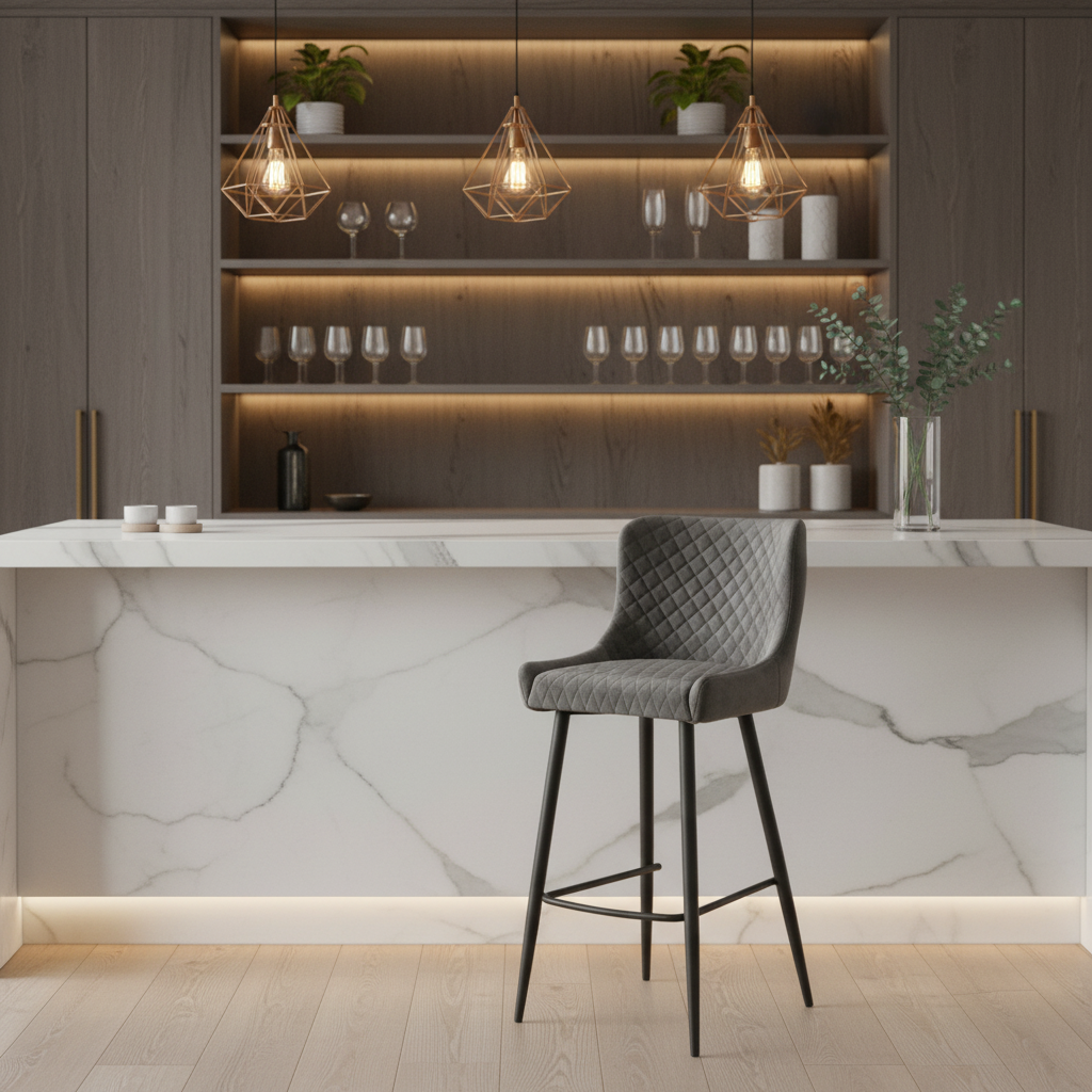 Grey Velvet Bar Stool with Quilted Stitching