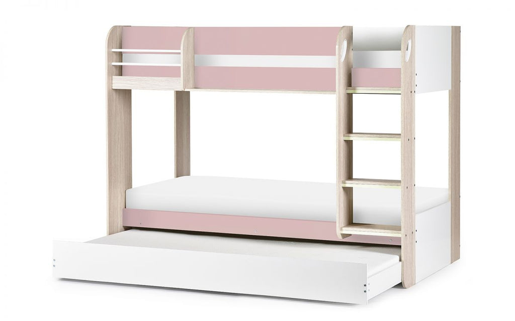 Pastel Pink Bunk Bed with Pull-Out Trundle and Shelving