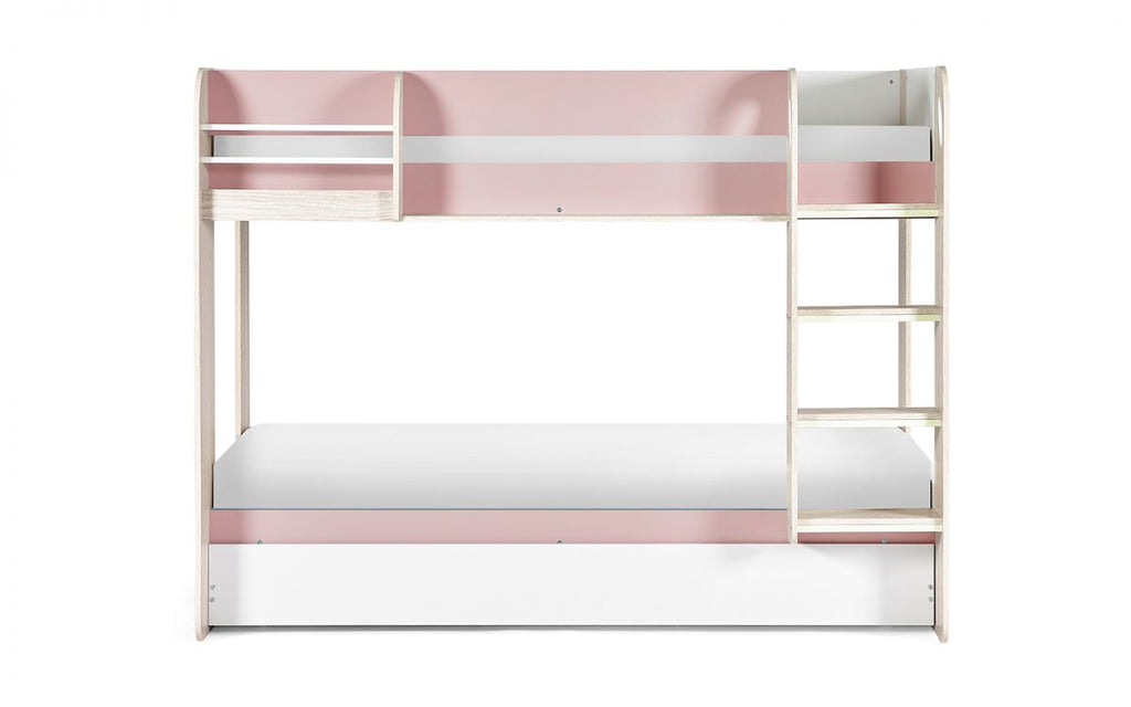 Pastel Pink Bunk Bed with Pull-Out Trundle and Shelving
