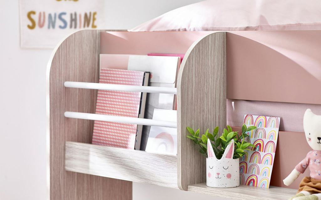 Pastel Pink Bunk Bed with Pull-Out Trundle and Shelving