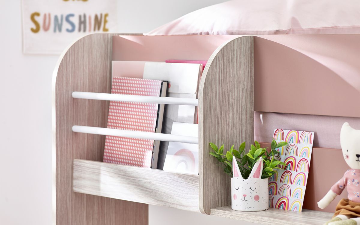 Pastel Pink Bunk Bed with Pull-Out Trundle and Shelving
