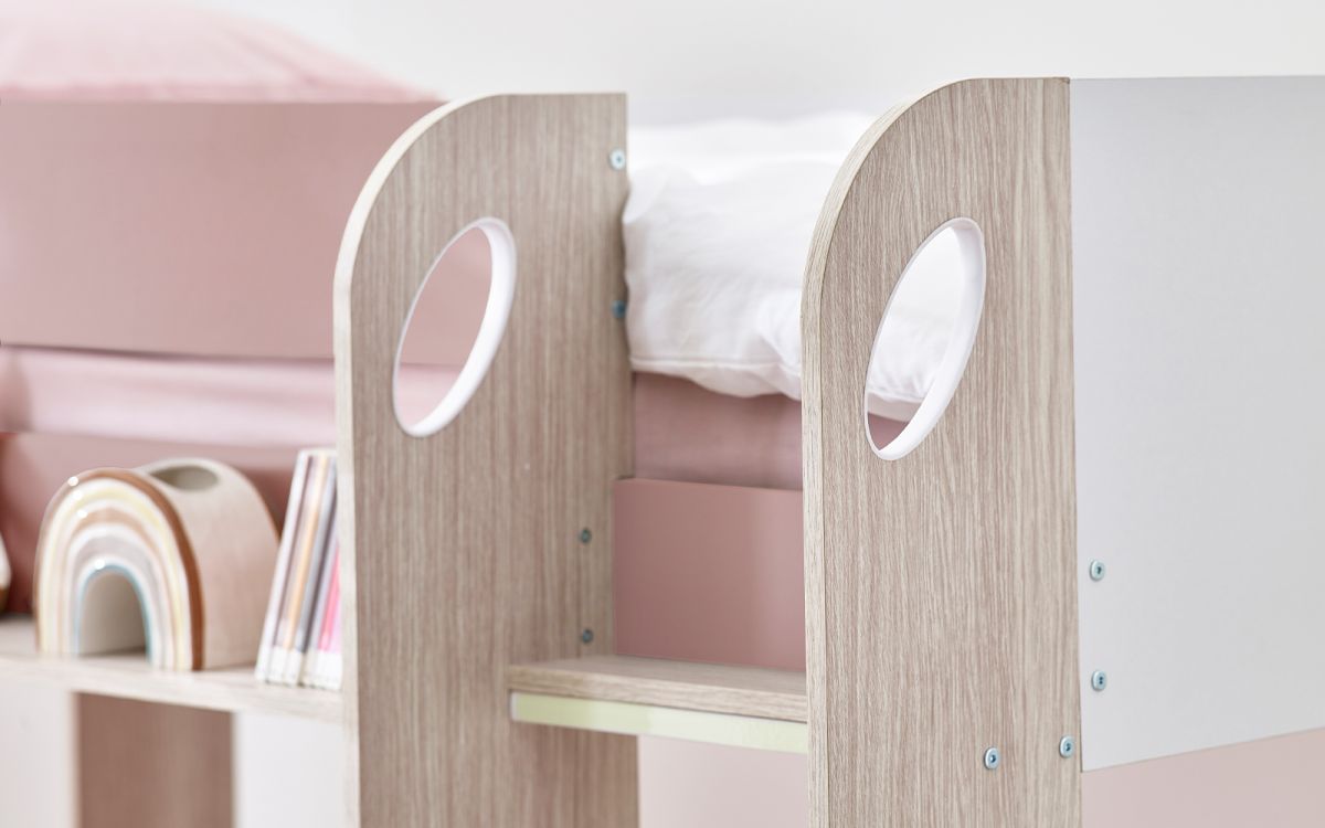 Pastel Pink Bunk Bed with Pull-Out Trundle and Shelving
