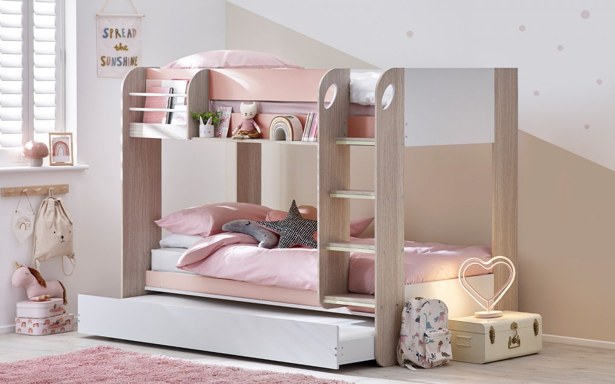 Pastel Pink Bunk Bed with Pull-Out Trundle and Shelving
