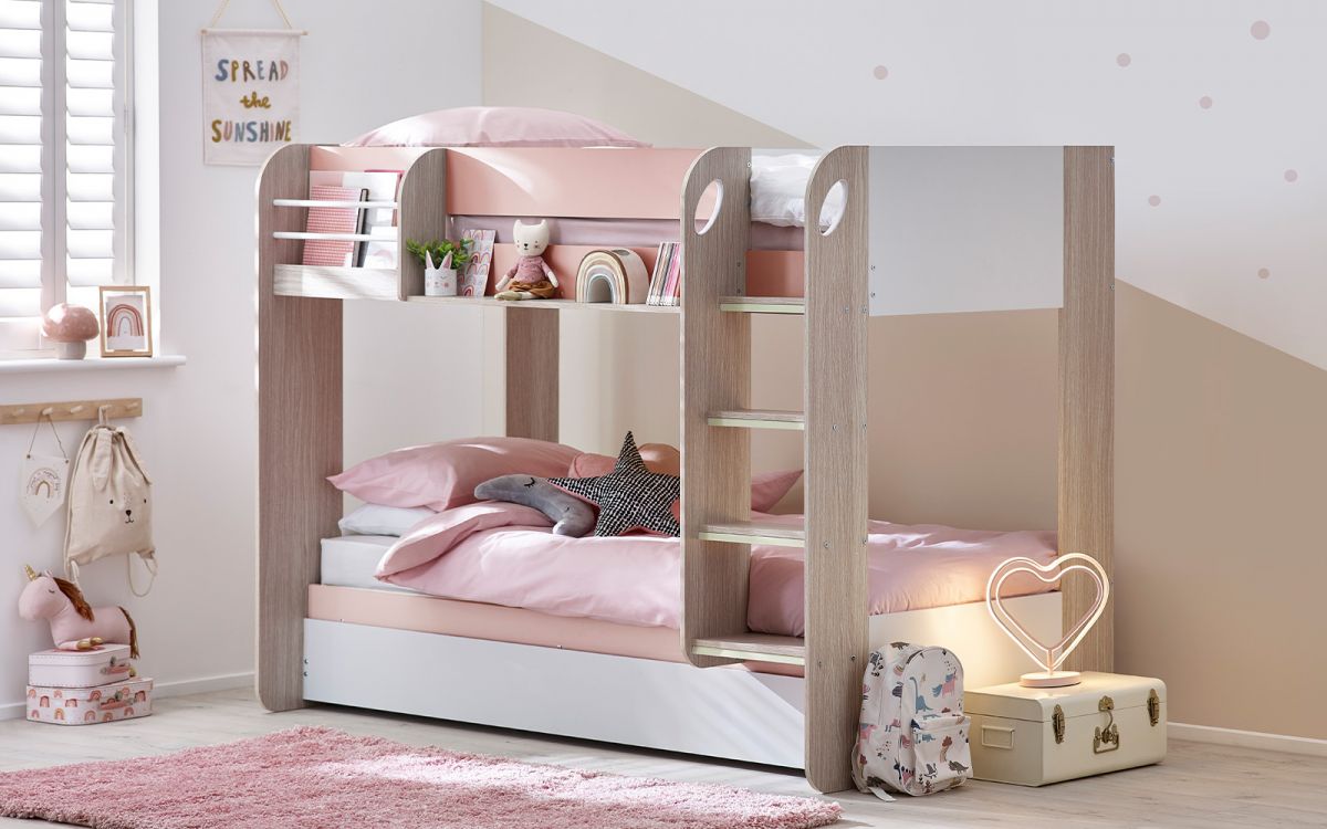 Pastel Pink Bunk Bed with Pull-Out Trundle and Shelving