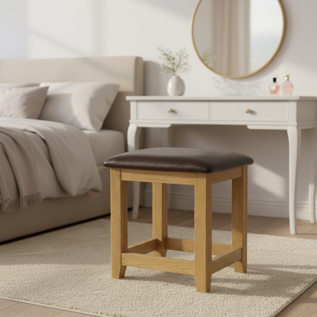 White Oak Dressing Stool with Brown Faux Leather Seat