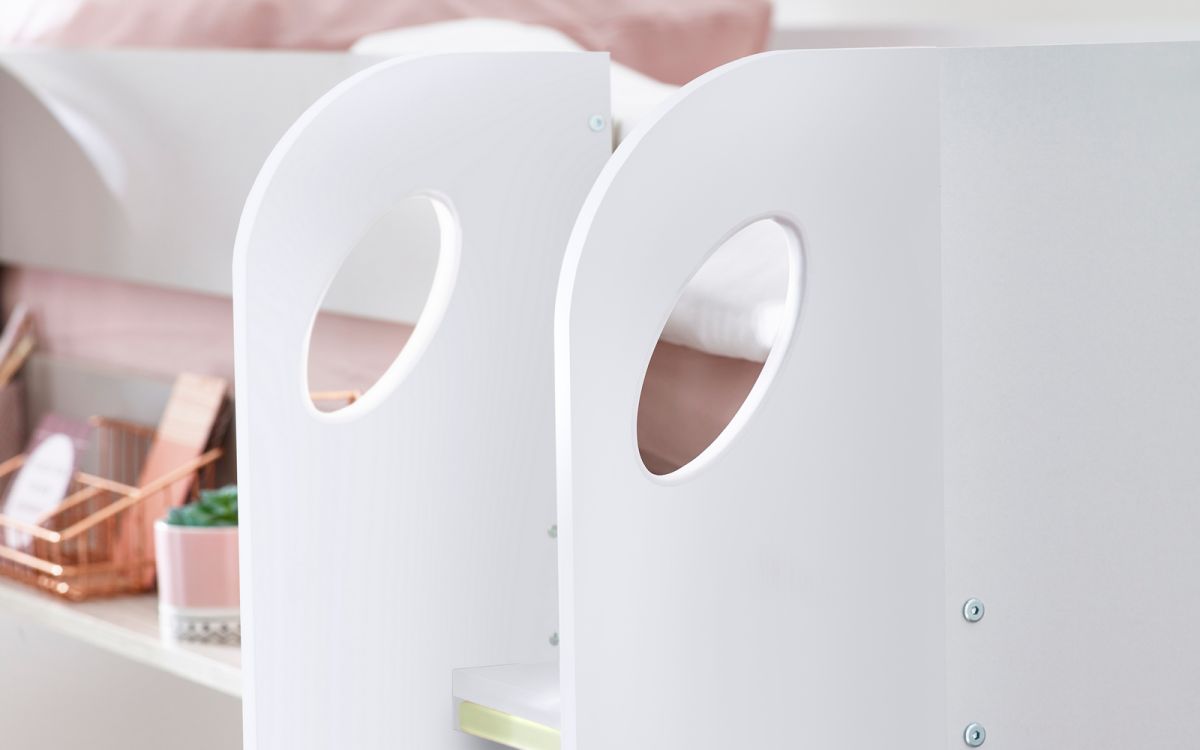 White Bunk Bed with Pull-Out Trundle and Shelving