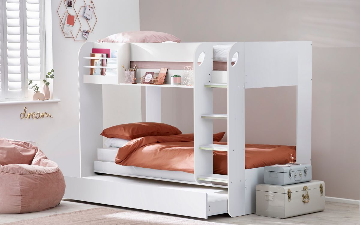 White Bunk Bed with Pull-Out Trundle and Shelving