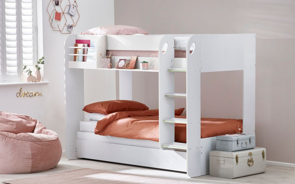 White Bunk Bed with Pull-Out Trundle and Shelving