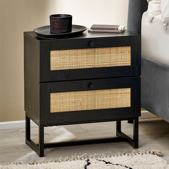 Black 2-Drawer Bedside with Rattan Fronts