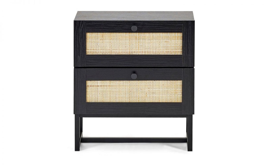 Black 2-Drawer Bedside with Rattan Fronts